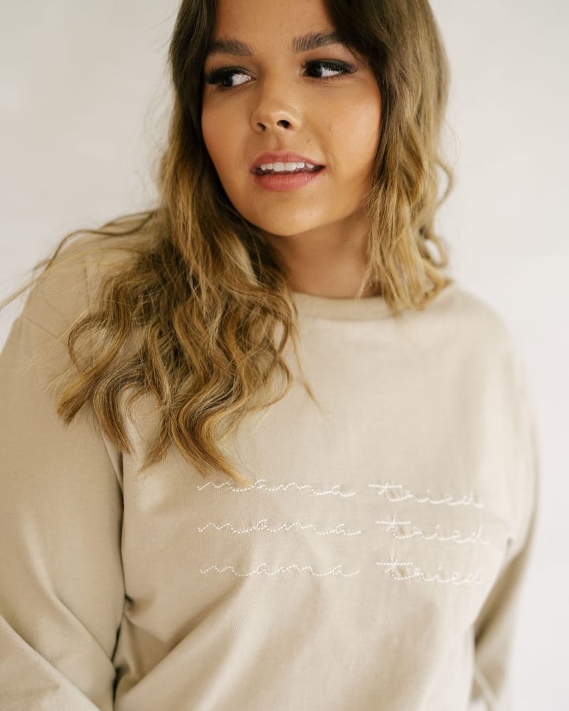 Front of a model wearing a size Large Mama Tried Chainstitch Pullover in Cashmere by Polished Prints. | dia_product_style_image_id:239751